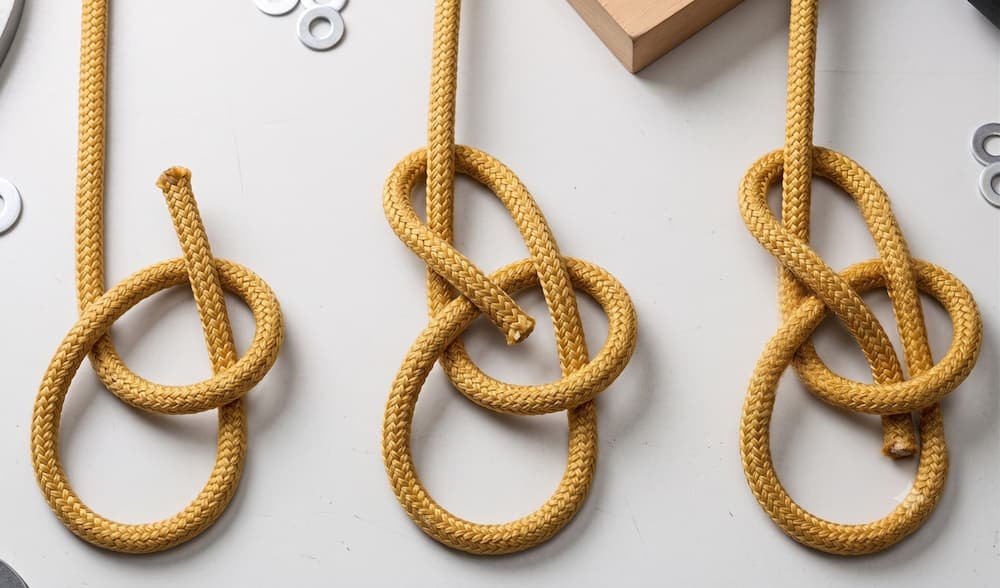 Visual guide for tying the famous bowline knot, the king of marine knots.