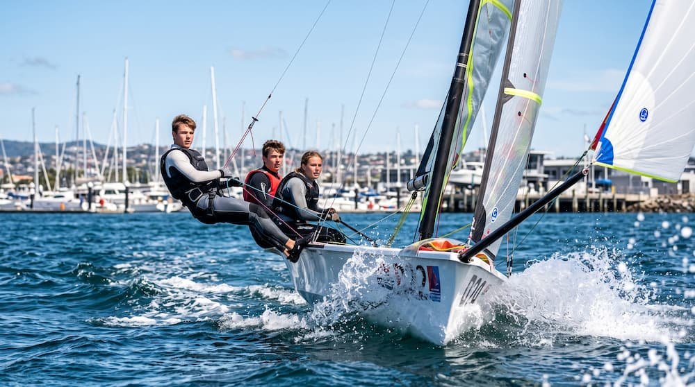 Young sailors navigating a racing dinghy sailboat at high speed.