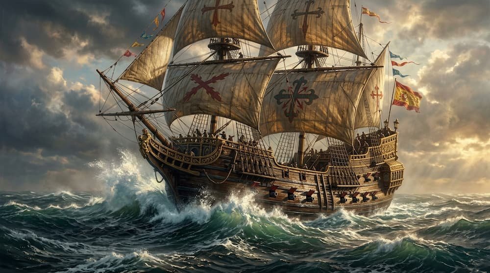 Historical recreation of an imposing Spanish galleon sailing with square sails on the high seas.