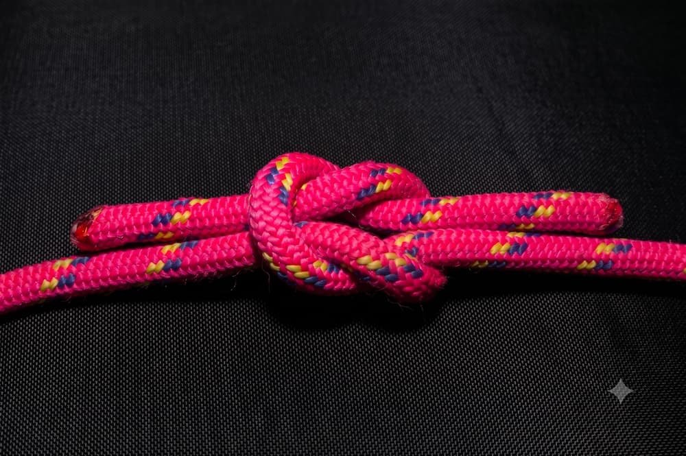 Detalle del nudo llano o de rizo, fundamental entre los nudos náuticos para unir dos cabos de igual mena.