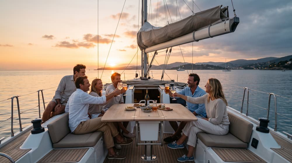 Friends relaxing and toasting on the deck of a beautiful recreational sailboat at sunset.